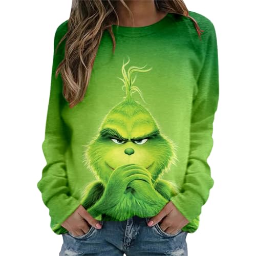 NUUROO Weihnachten Pullover Damen Grinch Weihnachtspullover Lustig Weihnachts Herbst Sweatshirt Pulli Langarmshirt Herbst Kostüm Langarm Oberteile Rundhals Shirt Pullover Baumwolle Winter Sweatshirt von NUUROO