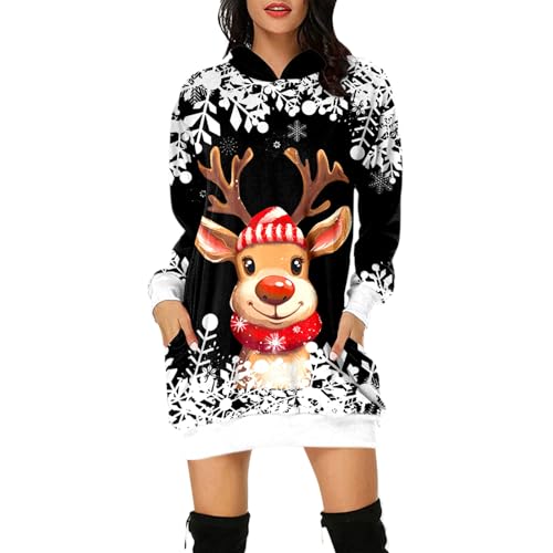 NUUROO Weihnachtskleid Damen,Große Größen Kapuzenpullover Lustig Weihnachtspullover Lang Rentier Abendkleider Langarm Print Weihnachts Hoodie Mit Kapuze Weihnachten Pullover Kleid Damen von NUUROO