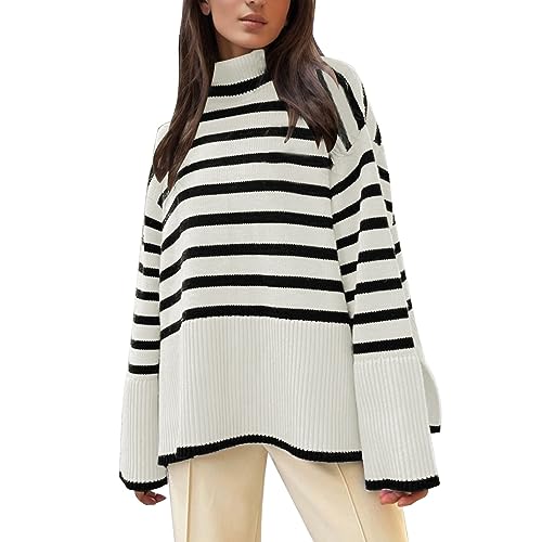 Oversize Pullover Damen, Damen Pullover Rundhals Strickpullover Vintage Pulli Gestreift Oberteile Grobstrick Tops Lässig Rollkragen Fashion Sweater Langarm Pullover Herbst Winter von NUUROO