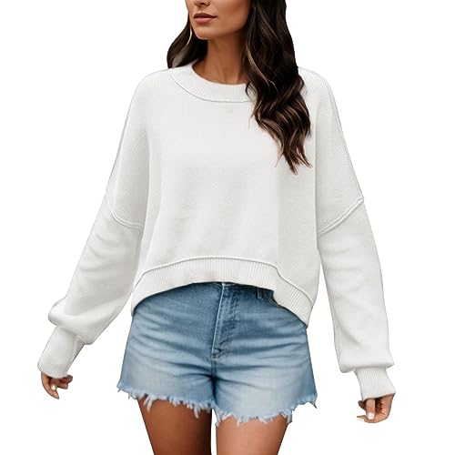 Oversize Pullover Damen, Damen Pullover Unifarben T-Shirt Female Einfarbig Strickpullover Kurz Female Strickpullover Rundhalsausschnitt Damen Pullover Langarm Strickpullover Elegant von NUUROO