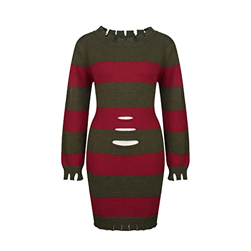 NUWIND Freddy Krueger Pullover, rot, grün, gestreift, Strickpullover, Kleid, Nightmare on Elm Street Kostüm Cosplay Erwachsene für Damen, Rot und Grün, Large von NUWIND