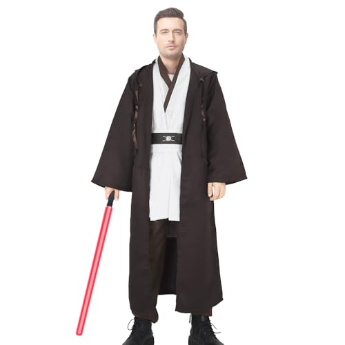 NUWIND Herren Jedi Kostüm Mittelalter Tunika Kapuze Umhang Umhang Bademantel Halloween Cosplay Outfit für Erwachsene, braun+weiß, S von NUWIND