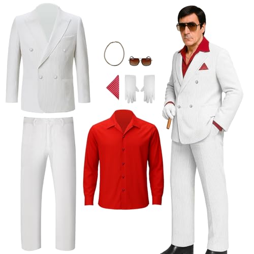 NUWIND Männer Tony Montana Weißer Anzug Kostüm Gangster Rotes Hemd Brille Handschuhe Halsketten Set Halloween 80er Film Cosplay Uniform Outfit (L) von NUWIND