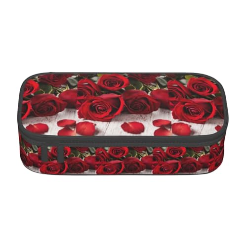 NUYFVG Federmäppchen aus Oxford-Stoff mit roten Rosen und mehreren Fächern, ideal für Reisen oder Büro von NUYFVG