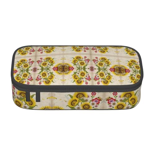 NUYFVG Federmäppchen mit Bienen, Sonnenblumen, Rosenblüten, großes Fassungsvermögen, mit mehreren Fächern, bedruckt, wasserabweisend, Polyester, Schulbedarf-Organizer (quadratisches Design) von NUYFVG