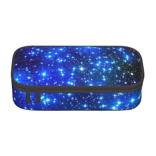 NUYFVG Federmäppchen mit blauen leuchtenden Sternen, großes Fassungsvermögen, mehrere Fächer, bedruckt, wasserabweisend, Polyester, Schulbedarf-Organizer (quadratisches Design) von NUYFVG