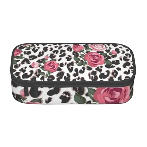 NUYFVG Federmäppchen mit niedlichem Rosenmuster, Leopardenmuster, großes Fassungsvermögen, mit mehreren Fächern, bedruckt, wasserabweisend, Polyester, Schulbedarf-Organizer (quadratisches Design) von NUYFVG
