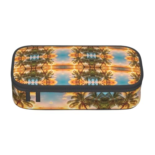 NUYFVG Federmäppchen mit tropischem Strand, Palme, Sonnenuntergang, großes Fassungsvermögen, mit mehreren Fächern, bedruckt, wasserabweisend, Polyester, Schulbedarf-Organizer (quadratisches Design) von NUYFVG