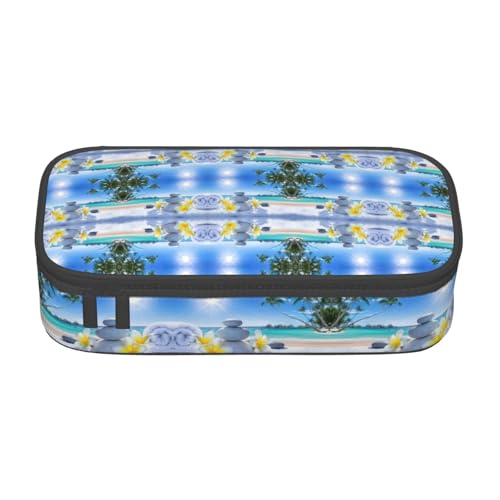 NUYFVG Federmäppchen mit tropischer Blume und Zen-Stein, großes Fassungsvermögen, mehrere Fächer, bedruckt, wasserabweisend, Polyester, Schulbedarf-Organizer (quadratisches Design) von NUYFVG