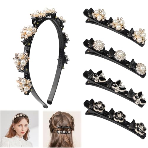 NVGVUP Haarspange mit 3 Clips, 5 Stück Damen Kolibri Haarspange mit Perle Funkelnde, Doppelschicht Geflochtene Haarspanges für Damen MäDchen, 1 Haarreif mit Klammern von NVGVUP