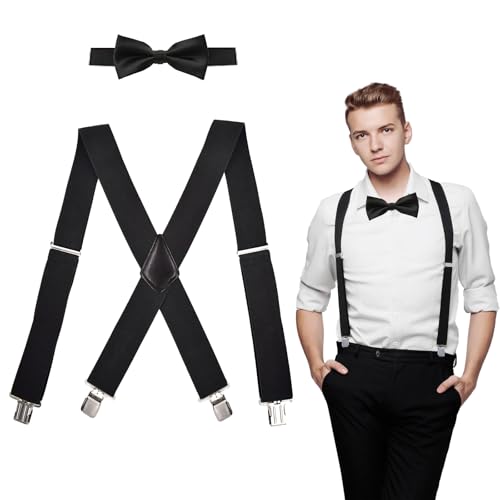 NVGVUP Hosenträger Herren mit 4 Metall Clip, Hosenträger für Herren Breit 5 cm,Extra Stark Elastische Träger Verstellbar inklusive Fliege Set, X-Form von NVGVUP
