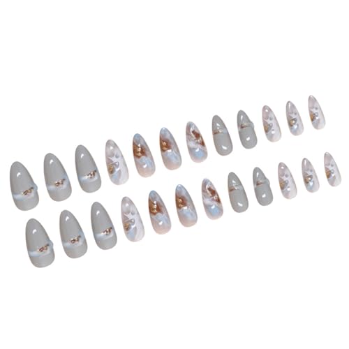 Mandel-Nägel zum Aufdrücken, glänzende Designs, französische künstliche Acryl-Klebstoffe, für Frauen, Sarg, Mandel, französische Spitze, 24 Stück von NVOQILIN