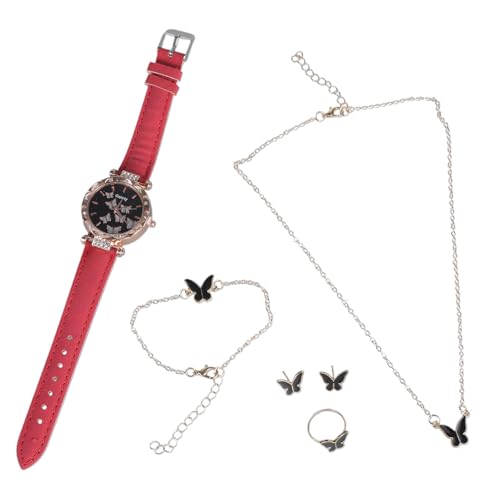 NVOQILIN 6 Stück/Set Luxus-Armbanduhr für Damen, Ringe, Halskette, Ohrringe, Set, Schmetterlings-Lederband, Uhren, Damen-Armbanduhr, Schmuck-Set, Einheitsgröße, Wie beschrieben, Wie beschrieben von NVOQILIN