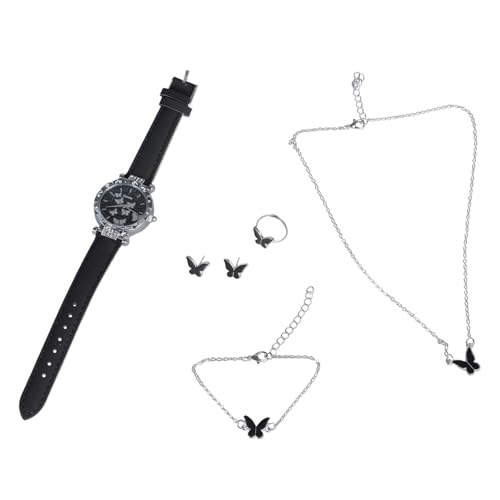 NVOQILIN 6 Stück/Set Luxus-Armbanduhr für Damen, Ringe, Halskette, Ohrringe, Set, Schmetterlings-Lederband, Uhren, Damen-Armbanduhr, Schmuck-Set, Einheitsgröße, Wie beschrieben, Wie beschrieben von NVOQILIN