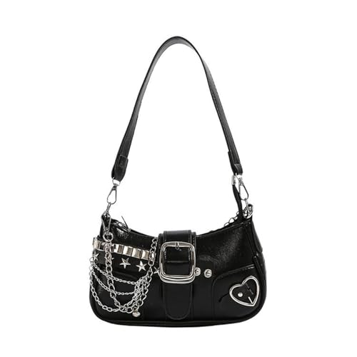 NVOQILIN Evning Damen Geldbörse PU Schultertasche Schnallen Punk Designs Mode Achseltaschen mit Kettenriemen für verschiedene Anlässe Kettenriemen Tasche, Schwarz , One Size von NVOQILIN