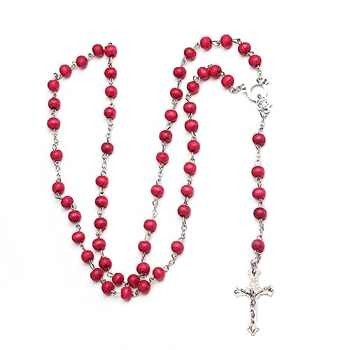 NVOQILIN Halskette aus Naturholz, katholischer roter Rosenkranz, gekreuzte Halskette, handgewebt, Ornament, Hip-Hop-Kleidungszubehör, gekreuzter Anhänger für Damen und Herren von NVOQILIN