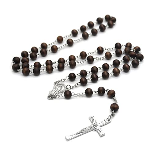 NVOQILIN Halskette mit Kreuz-Anhänger für Männer und Frauen, Holzperlen, geschnitzt, langer Rosenkranz, katholische Halsketten, männlicher Schmuck, Holzperlen-Halskette, Damen von NVOQILIN