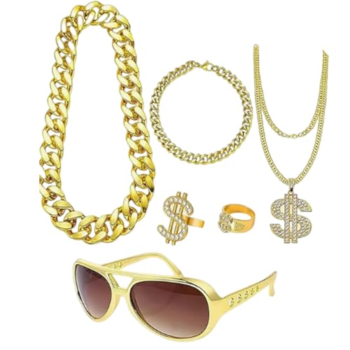 NVOQILIN Modisches 6-teiliges Set mit Halskette und Ringen, Rapper-Schmuck-Set für Street-Styles und Musikfestivals, moderner Modeschmuck von NVOQILIN