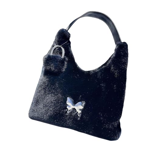 NVOQILIN Pelztaschen für Damen, Schmetterlingsdekoration, stilvolle Plüsch-Geldbörse, flauschige Unterarmtasche, weich und bequem, Schultertasche, niedlich, flauschig, Schwarz , One Size von NVOQILIN