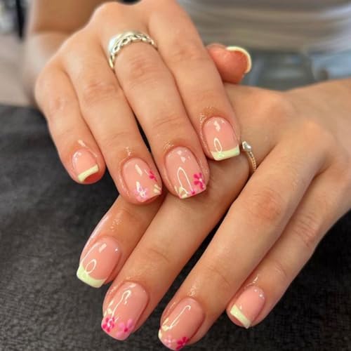 Quadratische Nägel zum Aufdrücken, künstliche Blumen, Acryl, 12 Größen, 24 Stück für Damen, Sarg, Mandel, französische Spitze von NVOQILIN