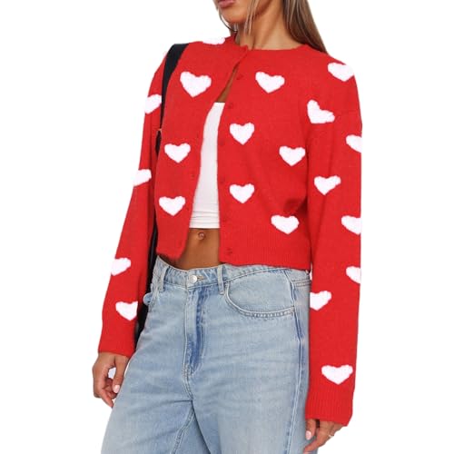 Damen Valentines Crop Sweater Cardigan Love Langarm Herz bedruckt Y2k Button Down Strickshirt Top, Rot/Ausflug, einfarbig (Getaway Solids), X-Groß von NVRENJIA