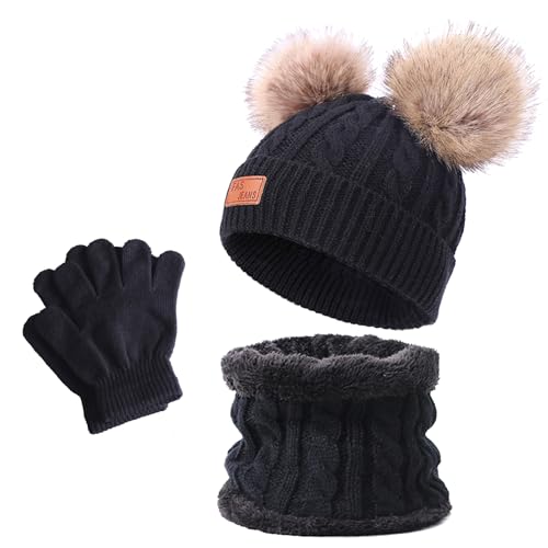 3 Stück Kinder Wintermütze Schal Handschuhe Mädchen Set Kindermütze Strickmütze Kinder Mütze Schal Set Jungen Warme Winter Beanie Hut Handschuhe runder Schal Set für Jungen Mädchen Kinder (Schwarz) von NVTRSD