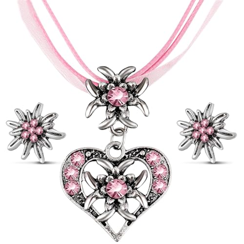 NVTRSD 3 Stück Trachtenschmuck Damen Oktoberfest Accessoires Dirndl Kette, Trachtenschmuck Damen Set Trachtenkette Damen Oktoberfest Damen, Schmuck Zubehör Für Dirndl Und Lederhose Damen(Rosa) von NVTRSD
