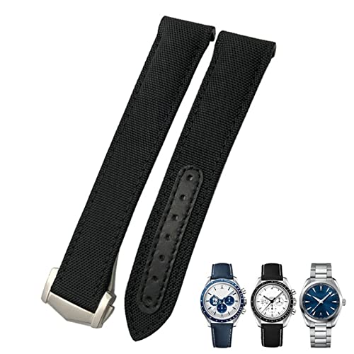 NVVVNX 19 mm 20 mm 21 mm Nylon-Canvas-Uhrenarmband mit gebogenem Ende, passend für Omega Seamaster 300 AT150 Speedmaster(Black Black,19mm Rose clasp) von NVVVNX