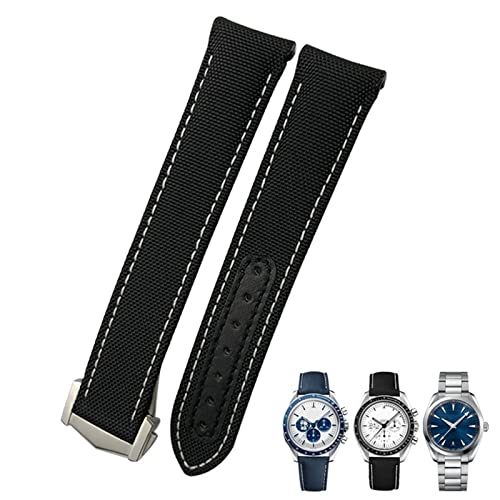 NVVVNX 19 mm 20 mm 21 mm Nylon-Canvas-Uhrenarmband mit gebogenem Ende, passend für Omega Seamaster 300 AT150 Speedmaster(Black White,19mm Gold clasp) von NVVVNX