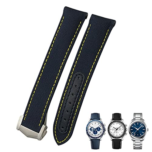 NVVVNX 19 mm 20 mm 21 mm Nylon-Canvas-Uhrenarmband mit gebogenem Ende, passend für Omega Seamaster 300 AT150 Speedmaster(Blue Yellow,20mm Rose clasp) von NVVVNX