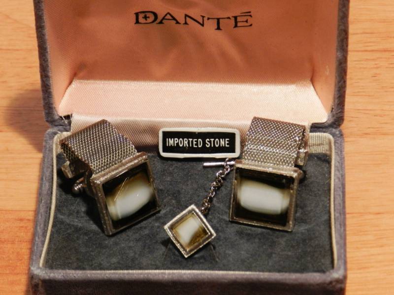 Vintage Dante Importierte Stein Manschettenknöpfe Mit Tie Tac in Original Box 03499 von NWAttic