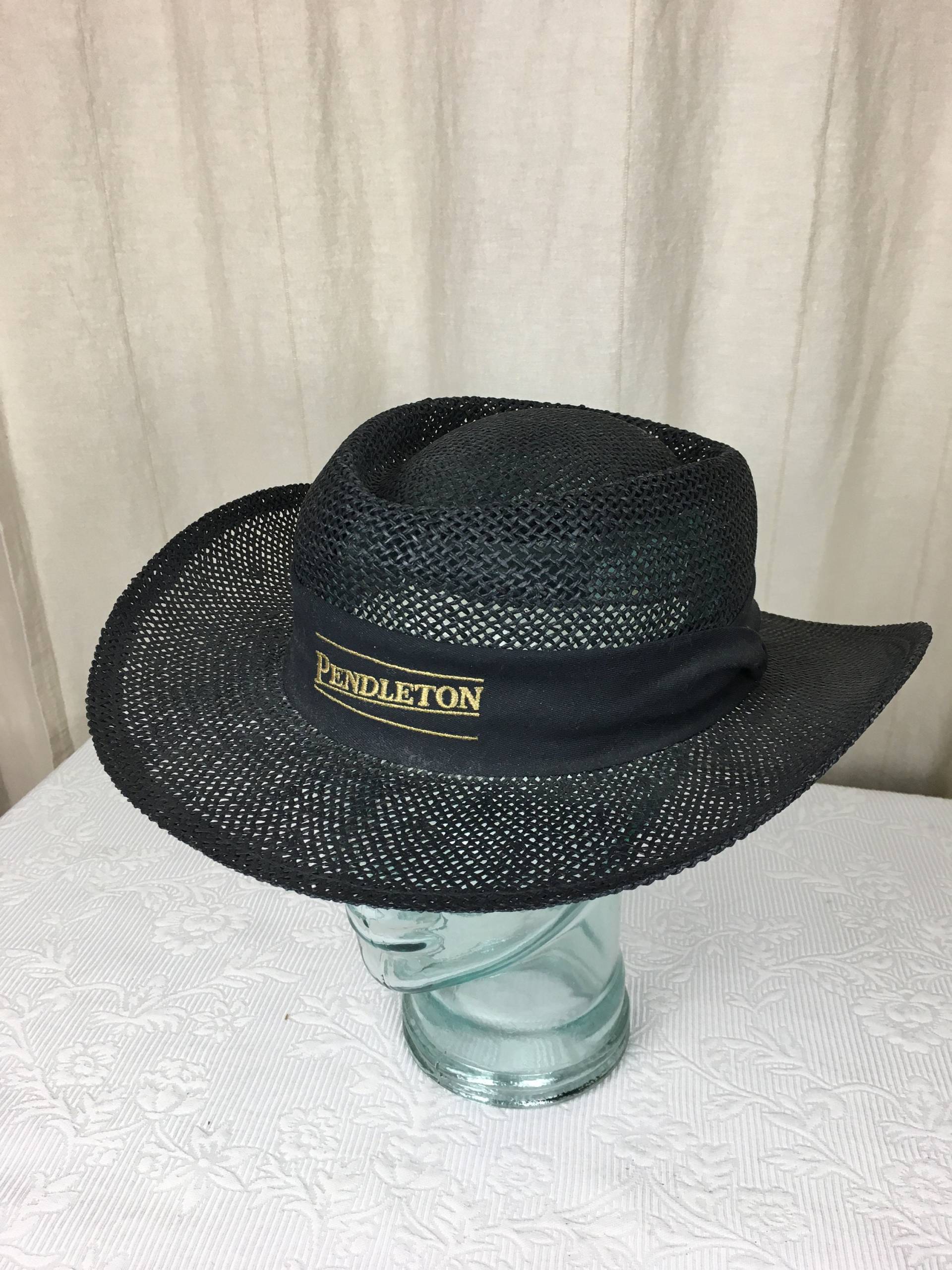Vintage Pendleton Schwarzer Strohhut, Etwas Starr in Einer Lockeren Webart Mit Tuch Hutband Einheitsgröße 04249 von NWAttic