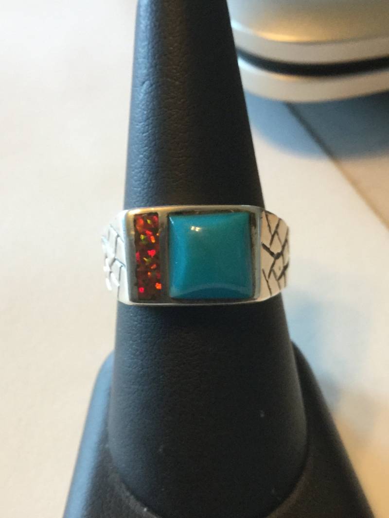 Sterling Silber Ring Mit Turqoise Stein Und Feueropal von NWCustomJewelry