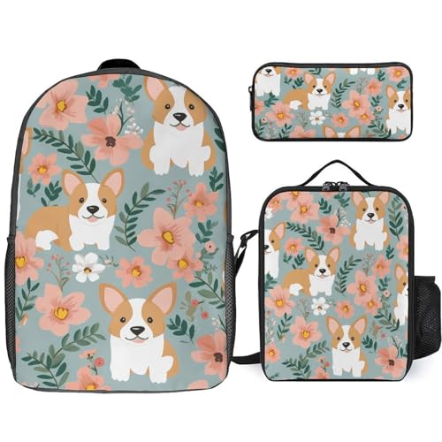 NWGHM Corgi Floral Flowers Frühling Garten Rucksack Set mit Lunchbox Federmäppchen Reise Laptop Rucksack Casual Daypack für Männer Frauen Weiß One Size Daypack Rucksäcke, weiß, Einheitsgröße, von NWGHM