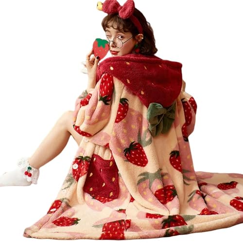 NWSDZXF Bademantel Damen Winter-Pyjamas Für Frauen Erdbeer Cartoon Kapuze Lange Robe Jacke Nette Home Wear Nachtwäsche von NWSDZXF