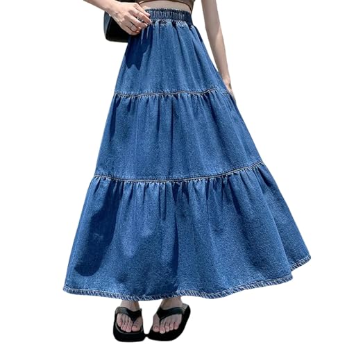 NWSDZXF Damen Rock Maxi Lange Röcke Frauen Elastizier Hochtülen Jeans Rock Damen Spleißen A-line Rüsche Falten-Jeansrock-denimblau-l von NWSDZXF