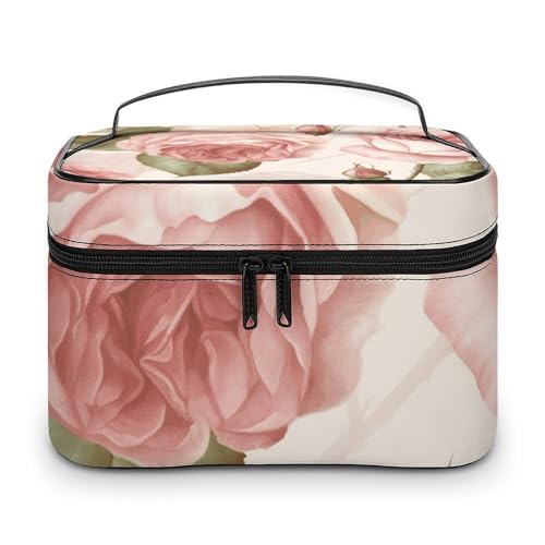 NWTRJ Beauty Roses Reise-Make-up-Tasche, tragbar, wasserdicht, Kosmetiktasche, PU-Leder, Make-up-Pinselhalter, Kulturbeutel für Damen, Stil, 25 x 18 x 15 cm, Stil:, 25x18x15cm von NWTRJ