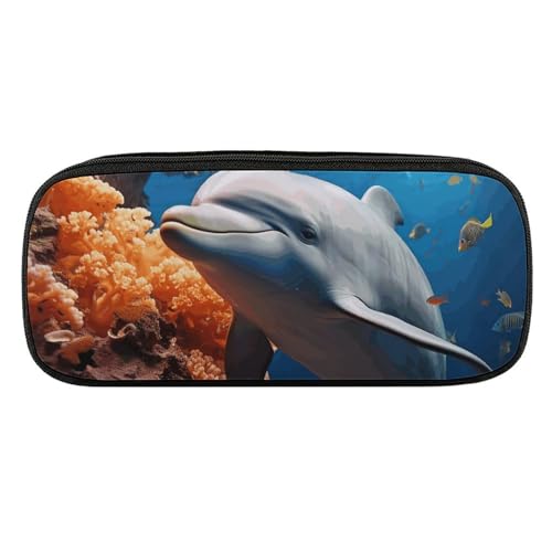 NWTRJ Delphin On Coral Federmäppchen, wasserdicht, Leder, großes Fassungsvermögen, für Stifte, Kosmetik, Make-up-Tasche für Damen und Herren, Stil:, Einheitsgröße von NWTRJ