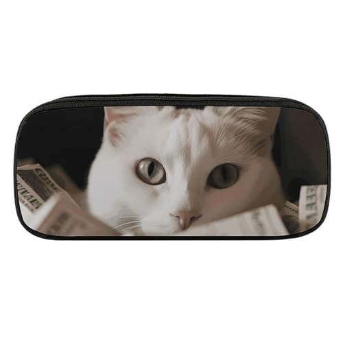 NWTRJ Federmäppchen, Motiv: weiße Katze und Dollar, wasserdicht, Leder, großes Fassungsvermögen, für Stifte, Kosmetik, Make-up-Tasche für Damen und Herren, Stil:, Einheitsgröße von NWTRJ