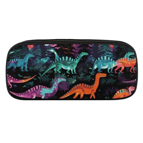 NWTRJ Federmäppchen mit bunten Dinosauriern auf schwarzem Hintergrund, wasserdichtes Leder-Federmäppchen, großes Fassungsvermögen, für Stifte, Kosmetik, Make-up-Tasche für Damen und Herren, Stil von NWTRJ