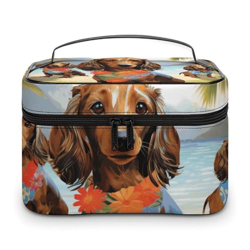 NWTRJ Make-up-Tasche mit Dackel, tropische Malerei, Kunst, Reisen, tragbar, wasserdicht, Kosmetiktasche, PU-Leder, Make-up-Pinselhalter, Kulturbeutel für Damen, Stil, 25 x 18 x 15 cm, Stil:, von NWTRJ