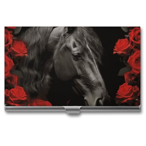 NWTRJ Schwarzes Pferd auf einem Hintergrund von roten Rosen Visitenkartenhalter, schlank, tragbar, Visitenkartenetui, Metalltasche, Namenskartenhalter, Brieftasche für Männer und Frauen, Büro, Reisen, von NWTRJ