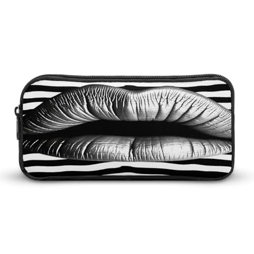 Großes Federmäppchen mit Lippen, bedruckt mit schwarz-weißen Streifen, tragbares ästhetisches Federmäppchen für Damen und Herren, niedlicher Schreibwaren-Organizer, multifunktionale Make-up-Tasche für von NWTRK