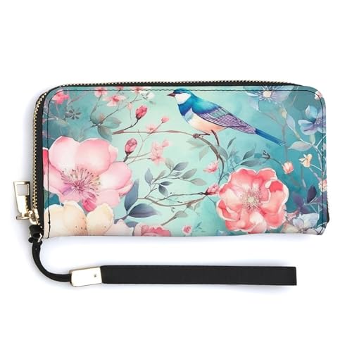 NWTRK Geldbörse im Blumen- und Vogel-Stil, Leder, mit umlaufendem Reißverschluss, Clutch, Geldbörse für Damen von NWTRK