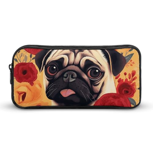 NWTRK Großes Federmäppchen, Motiv: Mops, Blume, tragbar, ästhetisches Federmäppchen für Damen und Herren, niedlicher Schreibwaren-Organizer, multifunktionale Make-up-Tasche für Reisen, Büro, Stil:, von NWTRK
