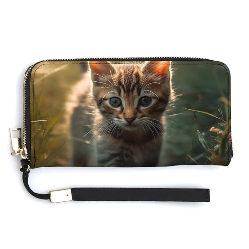 NWTRK Kätzchen Walking on The Grass Leder Geldbörse Reißverschluss Around Clutch Tasche Damen Kreditkartenhalter Clutch Geldbörse für Frauen von NWTRK