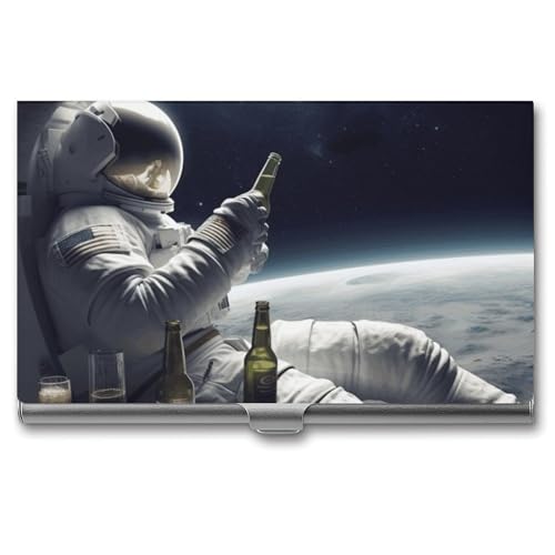NWTRK Visitenkartenetui, schmal, tragbar, Metall, Astronaught mit Bierfach, Namenskartenhalter, Geldbörse für Männer und Frauen, Büro, Reisen, Stil: von NWTRK