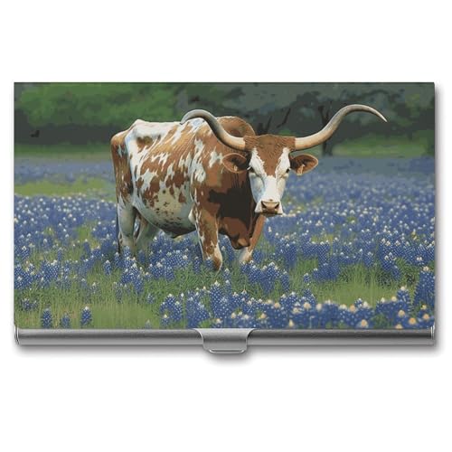 NWTRK Visitenkartenhalter, schlank, tragbar, Metall, Visitenkartenetui, Bluebonnet Longhorn, Tasche, Namenskartenhalter, Brieftasche für Männer und Frauen, Büro, Reisen von NWTRK