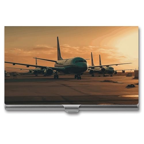 NWTRK Visitenkartenhalter, schlank, tragbar, Metall, Visitenkartenetui, Flugzeug auf dem Asphalt, Tasche, Namenskartenhalter, Brieftasche für Männer und Frauen, Büro, Reisen, Stil: von NWTRK