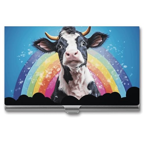 NWTRK Visitenkartenhalter, schlank, tragbar, Metall, Visitenkartenetui, Kuh, die auf einem Regenbogen sitzt, Namenskartenhalter, Brieftasche für Männer und Frauen, Büro, Reisen, Stil: von NWTRK